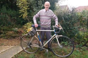 Russ Mantle stands with his trusty Holdsworth, which he has had since the 1960s and mended at least once, in his garden in Aldershot, Hampshire, October 2019. On 07 November, Russ will be the first Briton to cycle a million miles, and said, “I haven’t really been going for it, the miles have just naturally piled up because I enjoy cycling so much that’s it’s just natural to be a mile-eater."